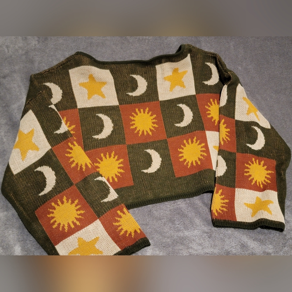 ROMWE Women's Sun and Moon Crop Patchwork Sweater Sz 2XL - Olive, Mustard, Rust - Picture 3 of 7